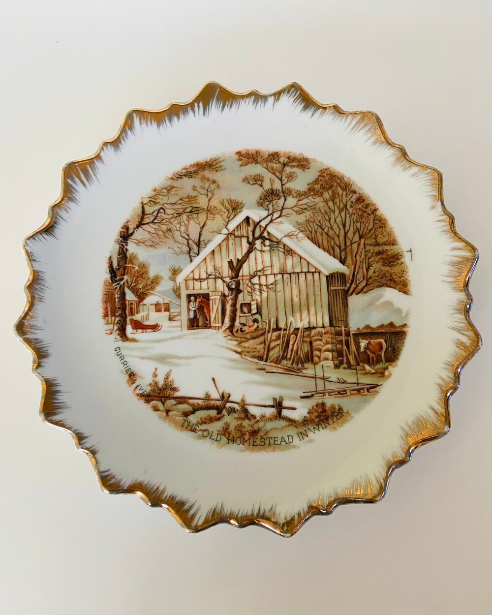 VINTAGE Currier & Ives Old Homestead in Winter Snow Rustic Porcelain 7 in Plate
